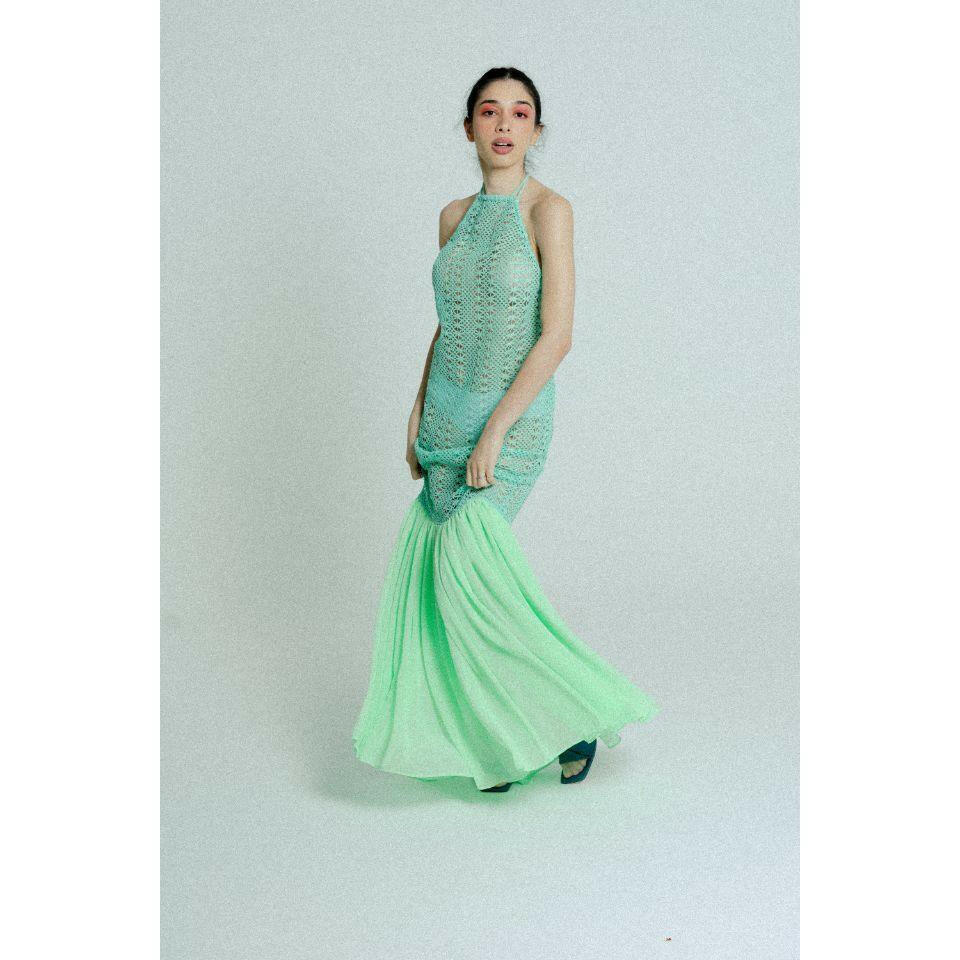 Open Back Cotton Crochet Dress in Green.