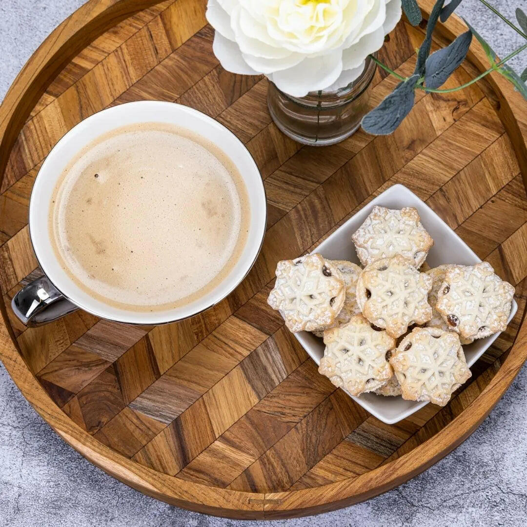 Herringbone Pattern Round Wooden Serving Tray.