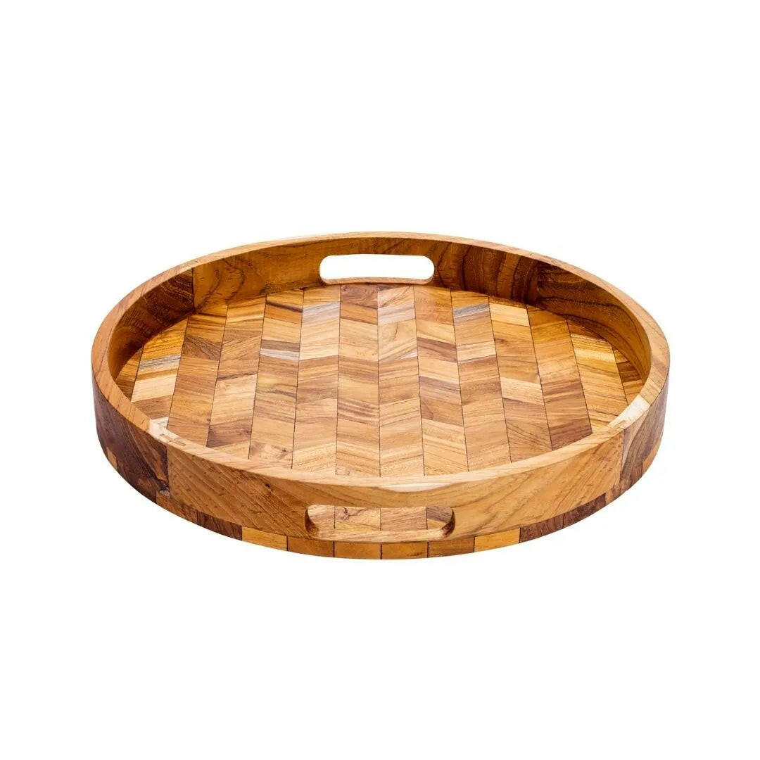 Herringbone Pattern Round Wooden Serving Tray.