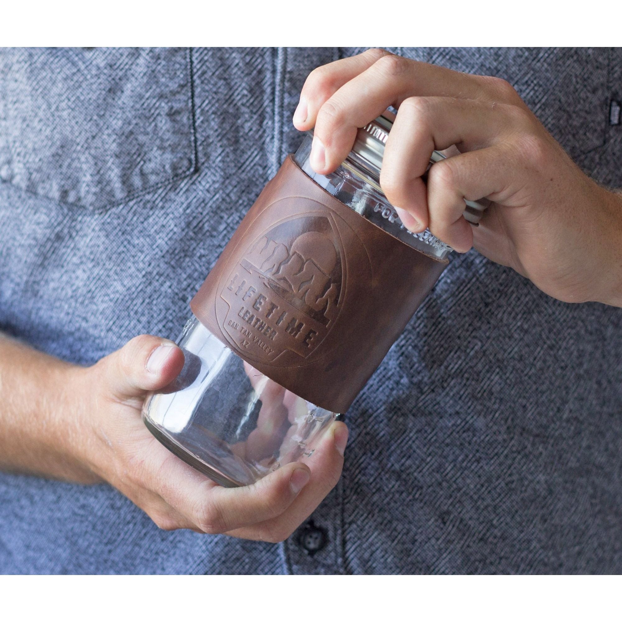 Leather Mason Jar Koozie .