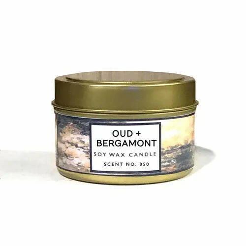 Oud + Bergamot Scented Soy Wax Candle.