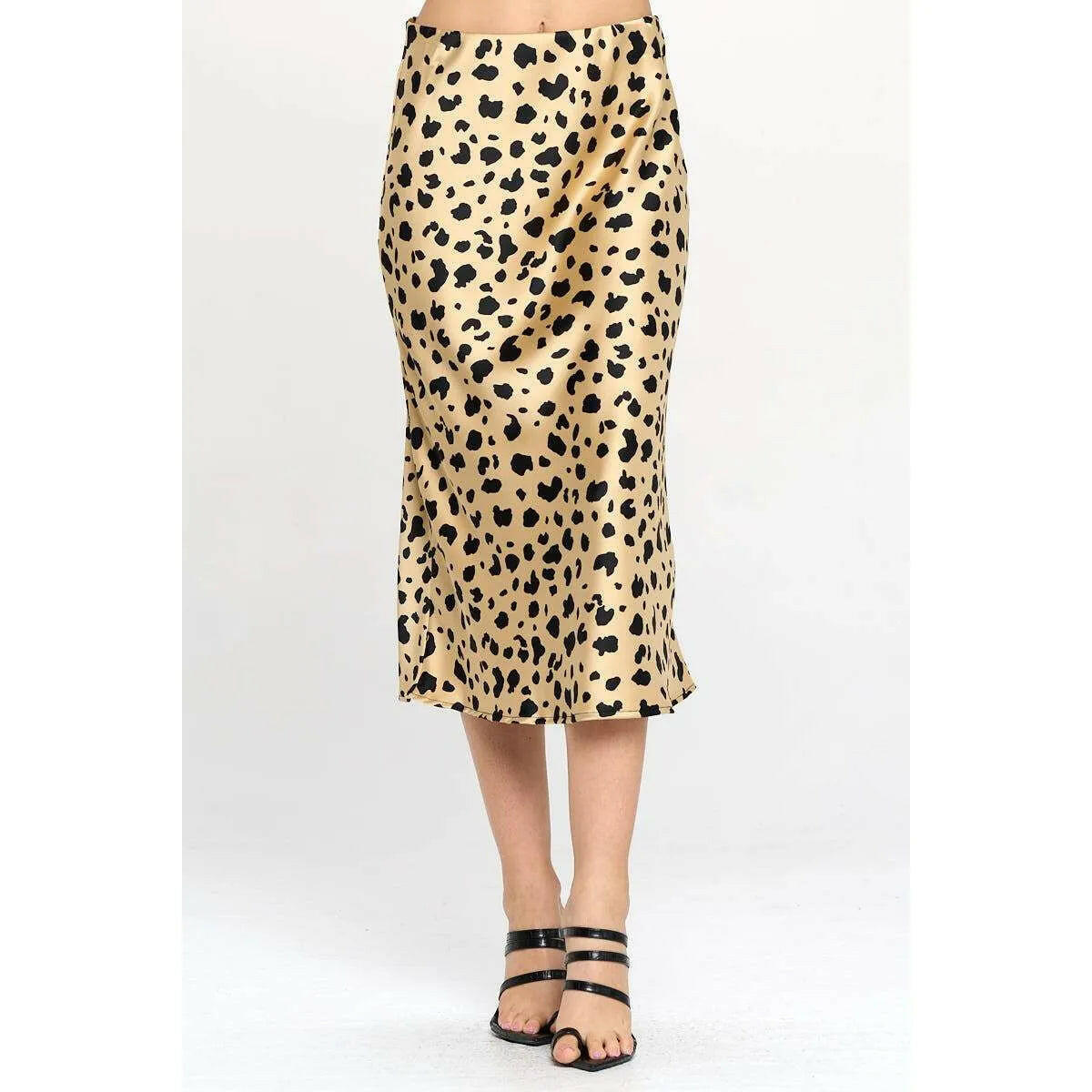 Leopard Print Satin Midi Skirt.