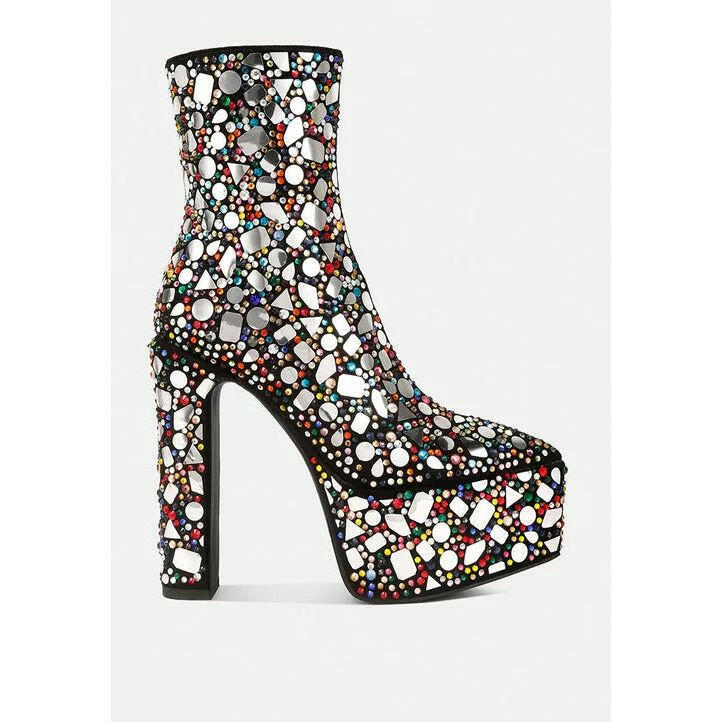 Fancy Mirror Embellished Platform High Heel Boots.
