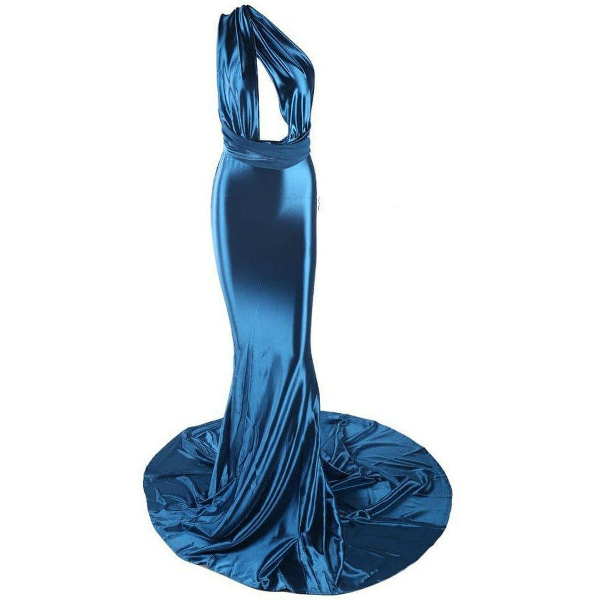 Glossy Blue Satin Evening Gown.