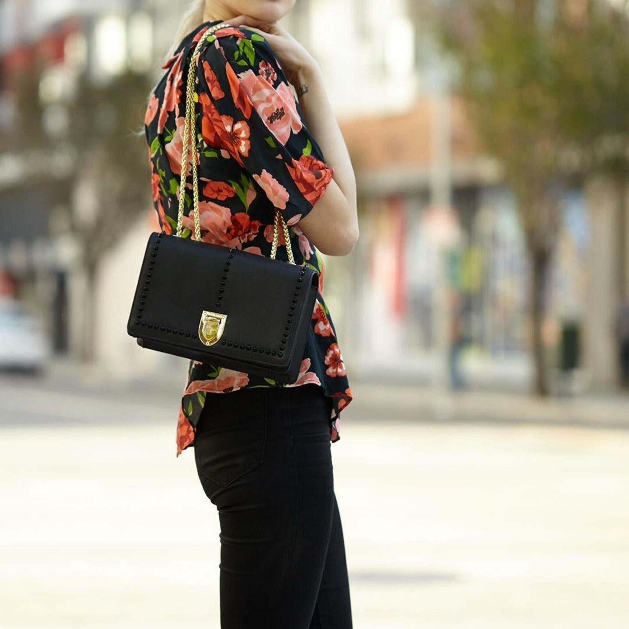 Josie Leather Chain Bag in Black.