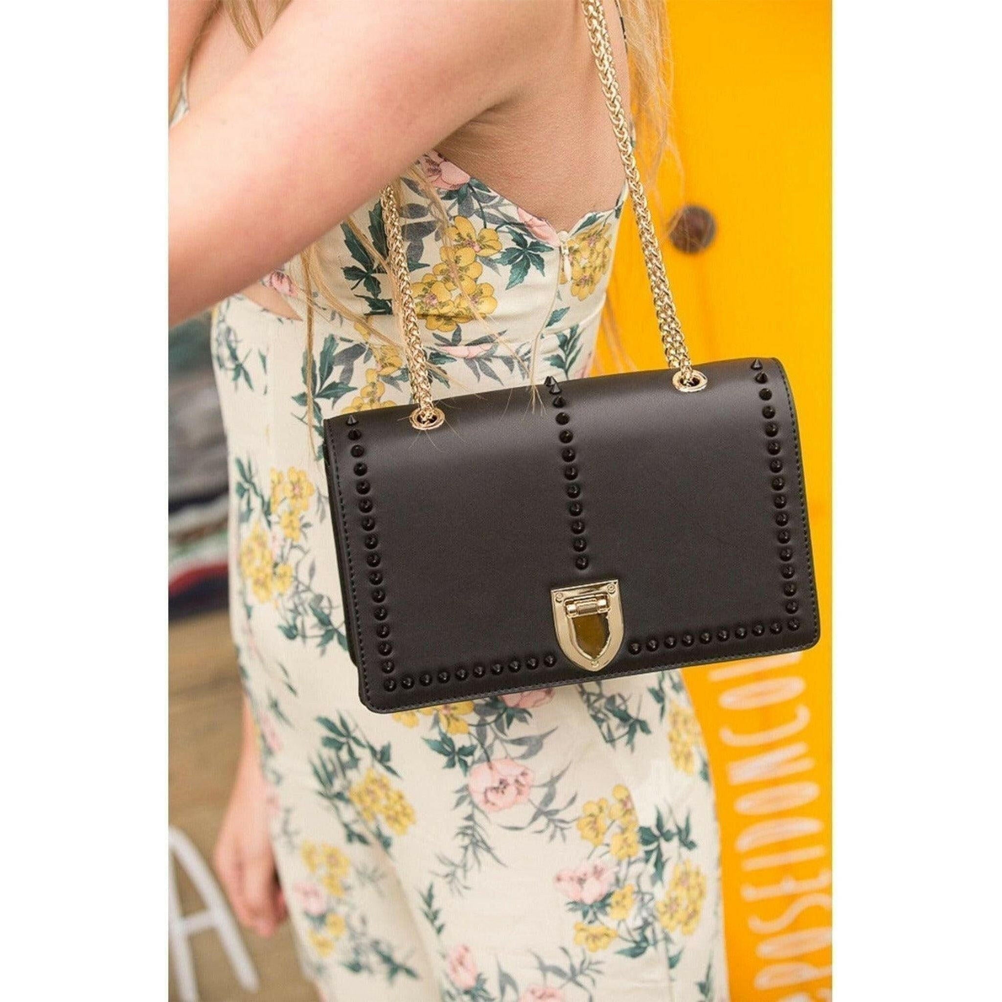 Josie Leather Chain Bag in Black.