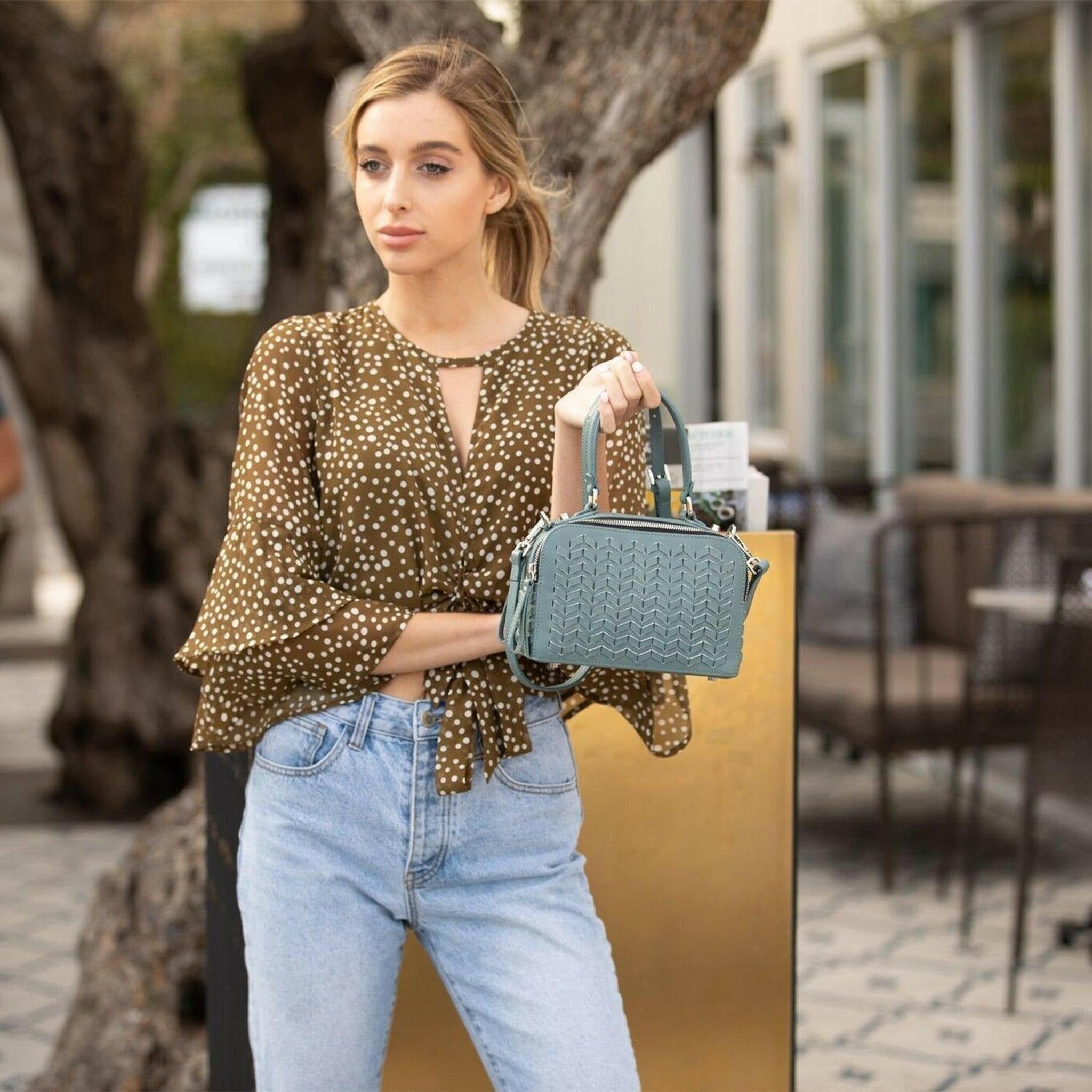 Kayla Woven Crossbody Bag in Blue.