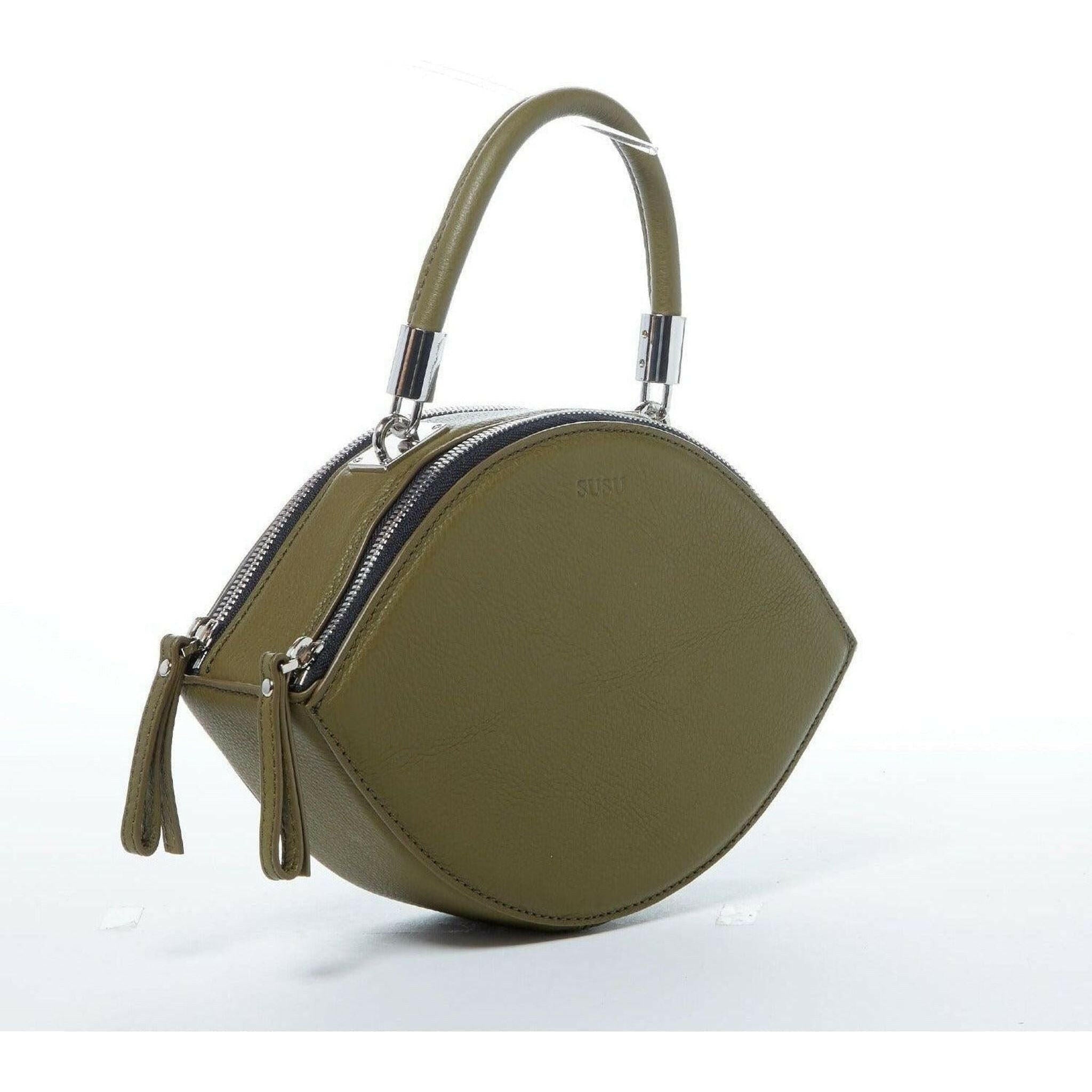 Kiss Circle Shape Leather Crossbody Bag in Olive Green.
