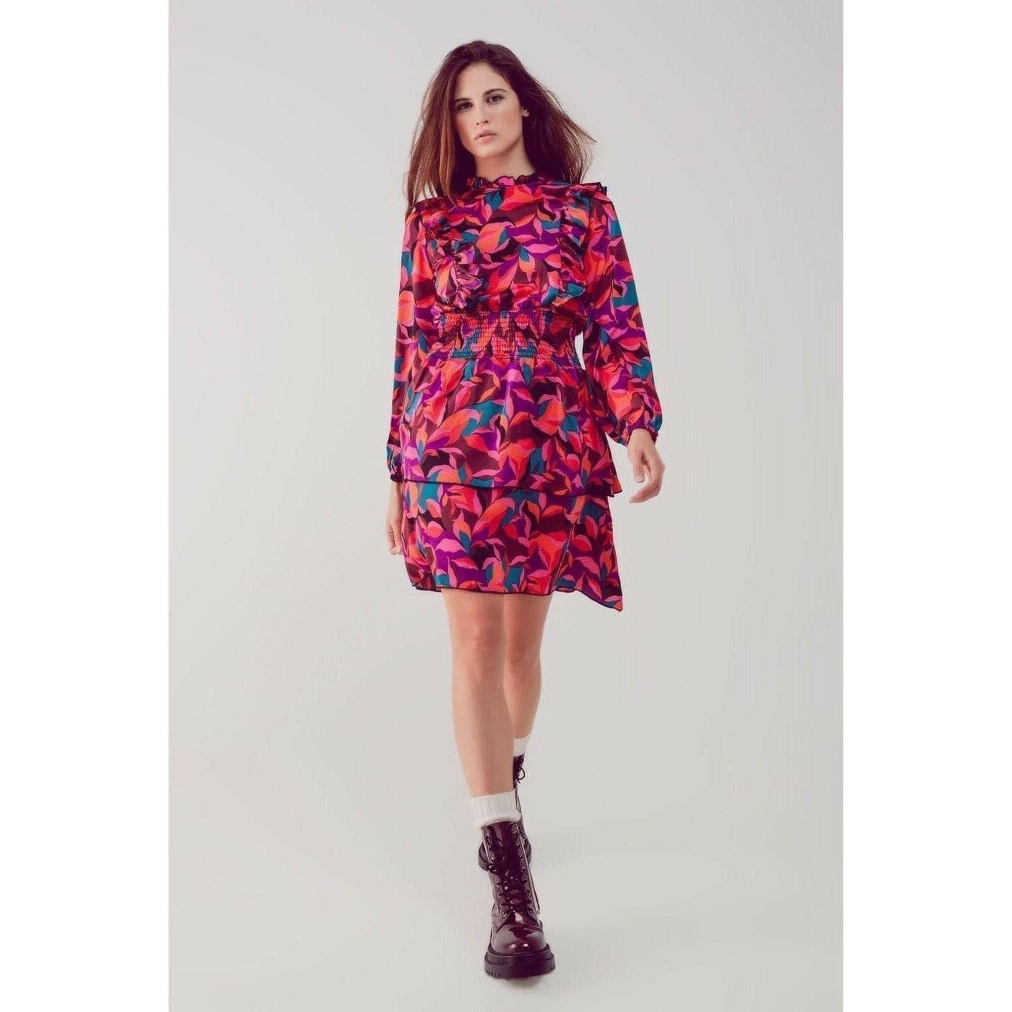 Layered Frill Mini Dress in Fucshia Floral.