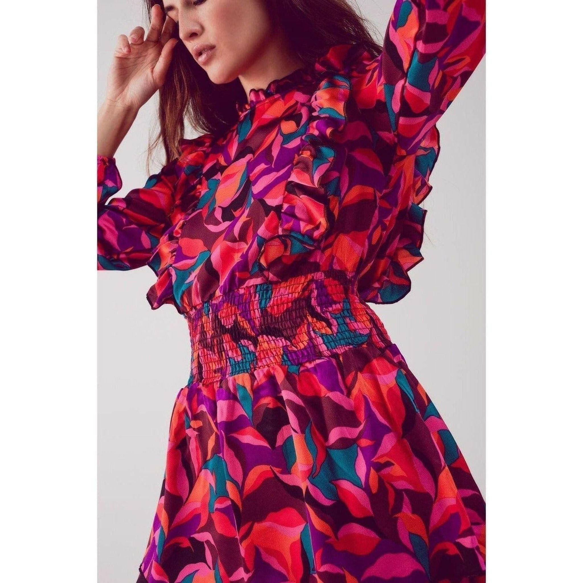 Layered Frill Mini Dress in Fucshia Floral.