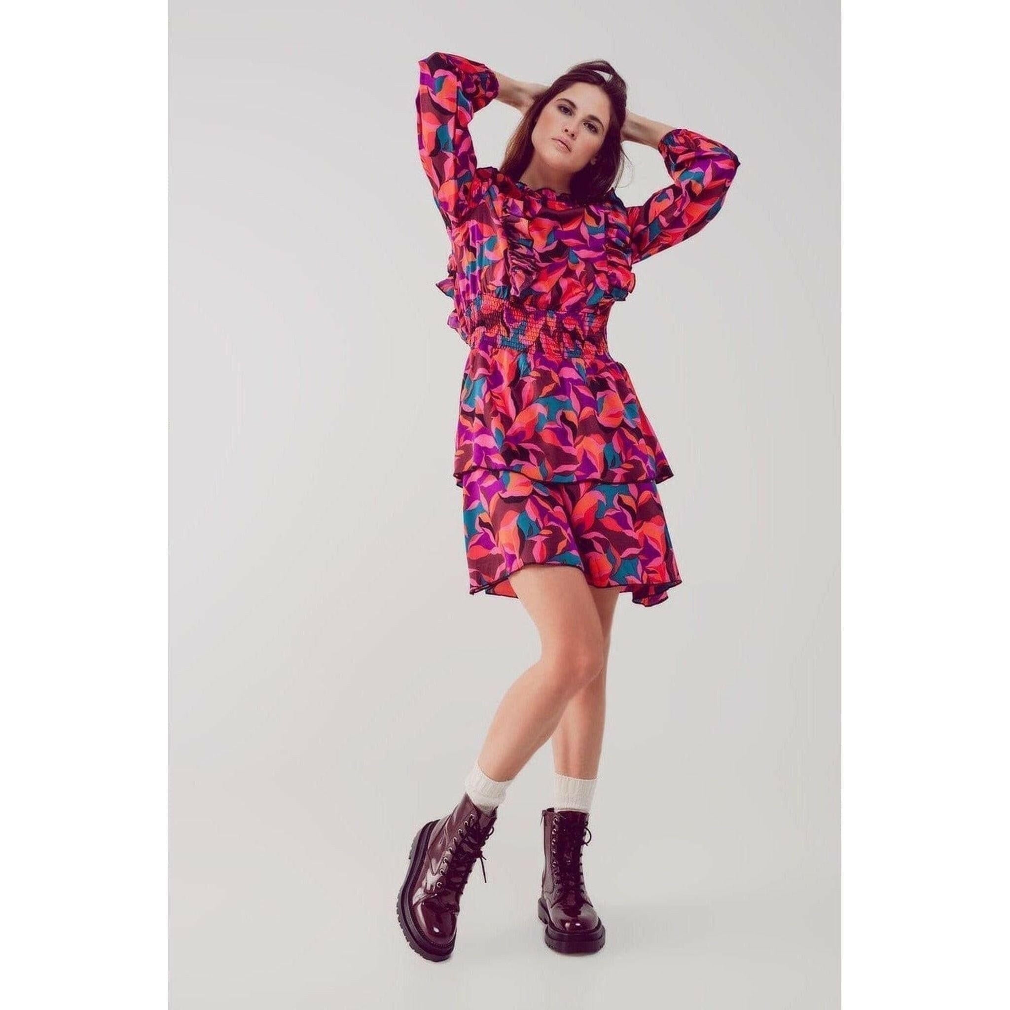 Layered Frill Mini Dress in Fucshia Floral.