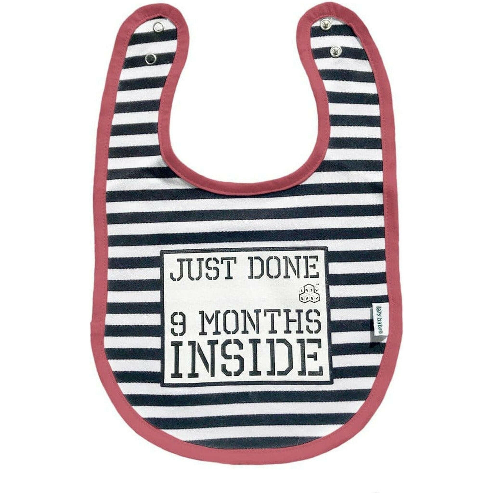 Newborn Striped Bib Pink Trim ®Just Done 9 Months Inside®.