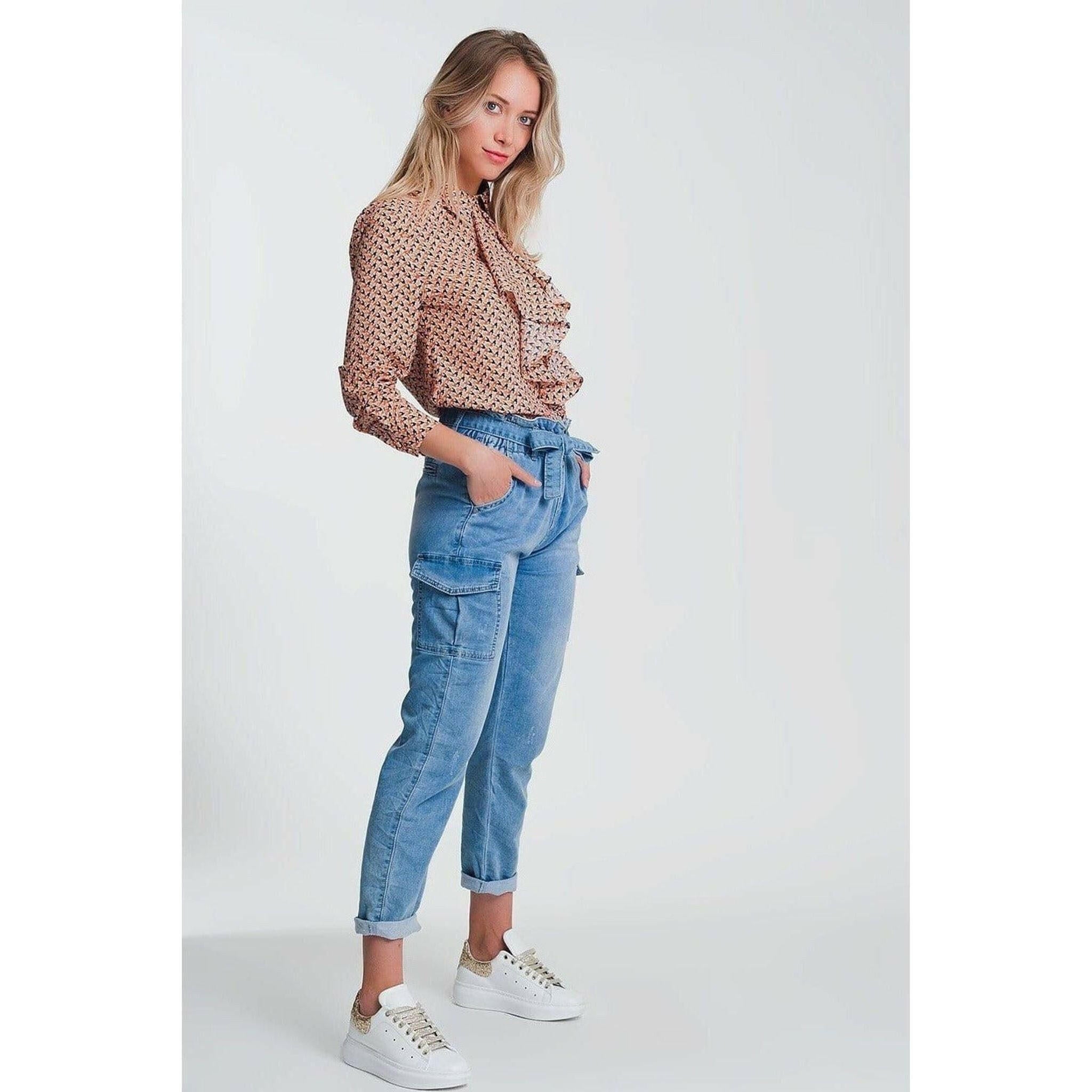 Paperbag Tie Waist Jeans in Light Blue.