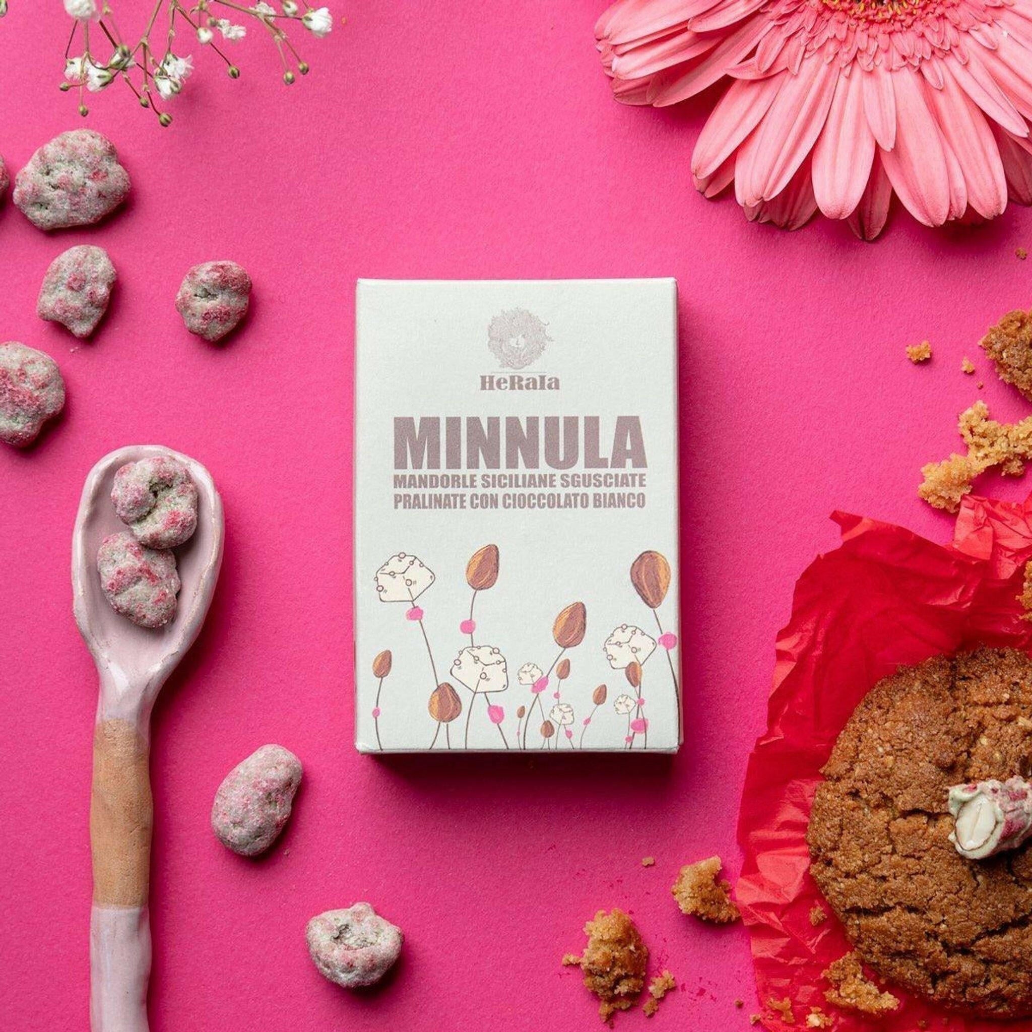 White Chocolate Coated Almonds with Raspberries and Wild Mint.