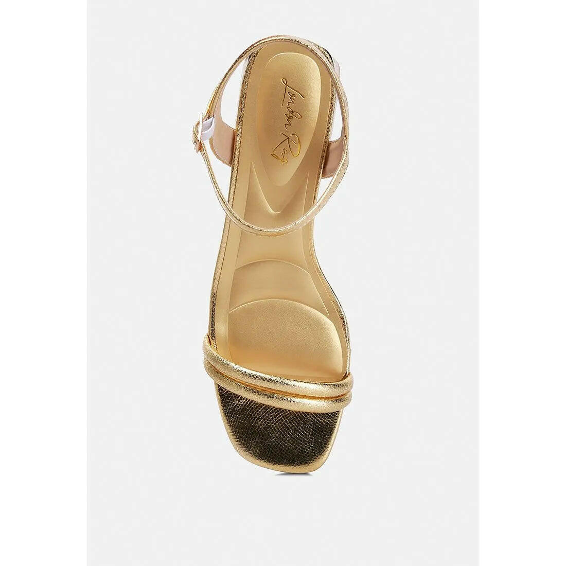 Zabou Metallic Ankle Strap Low Block Heels.