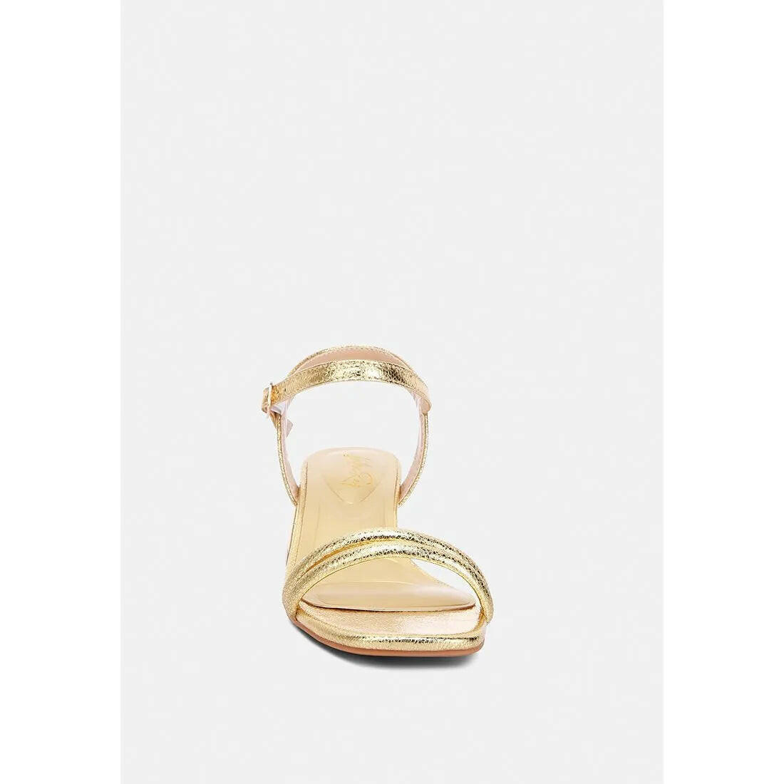 Zabou Metallic Ankle Strap Low Block Heels.