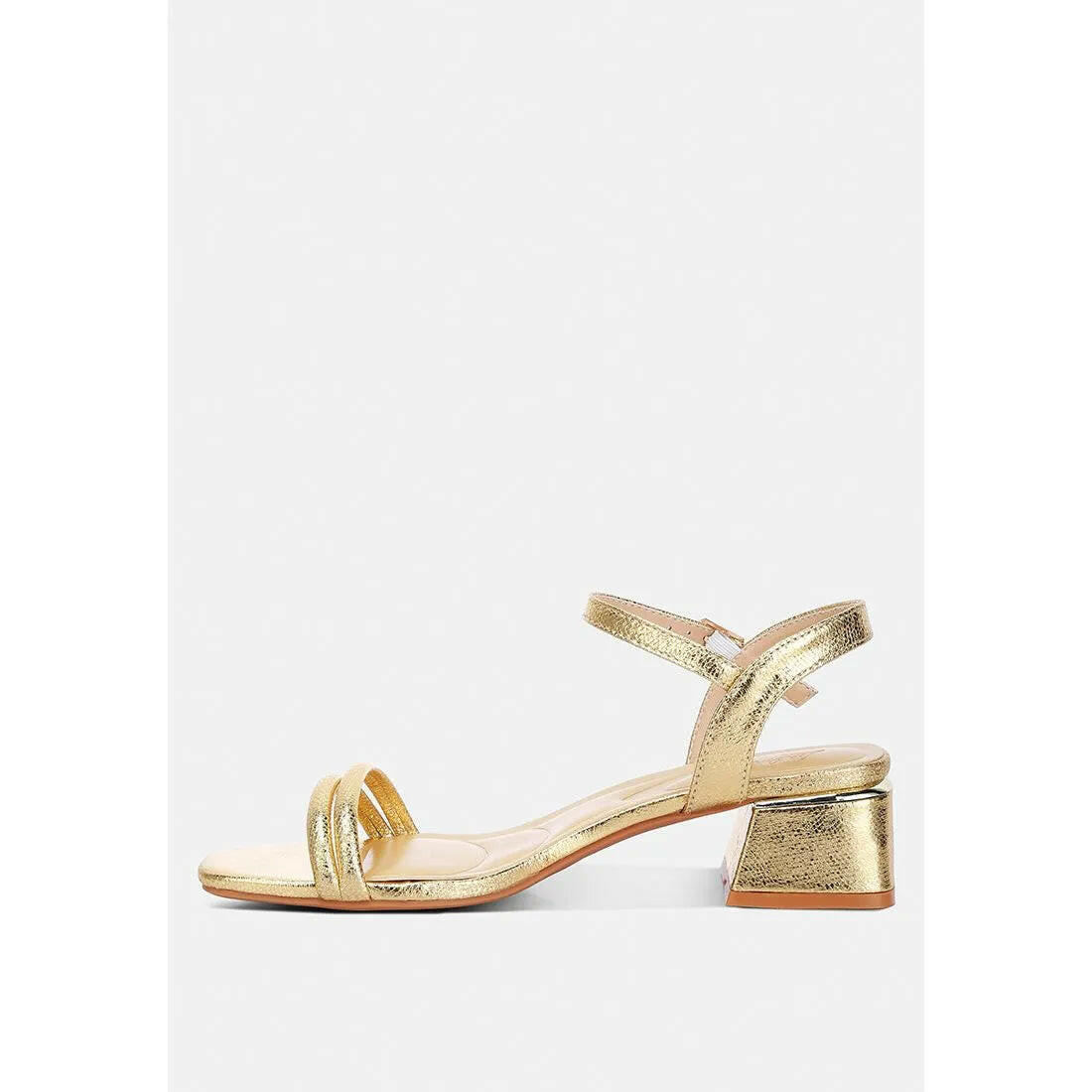 Zabou Metallic Ankle Strap Low Block Heels.