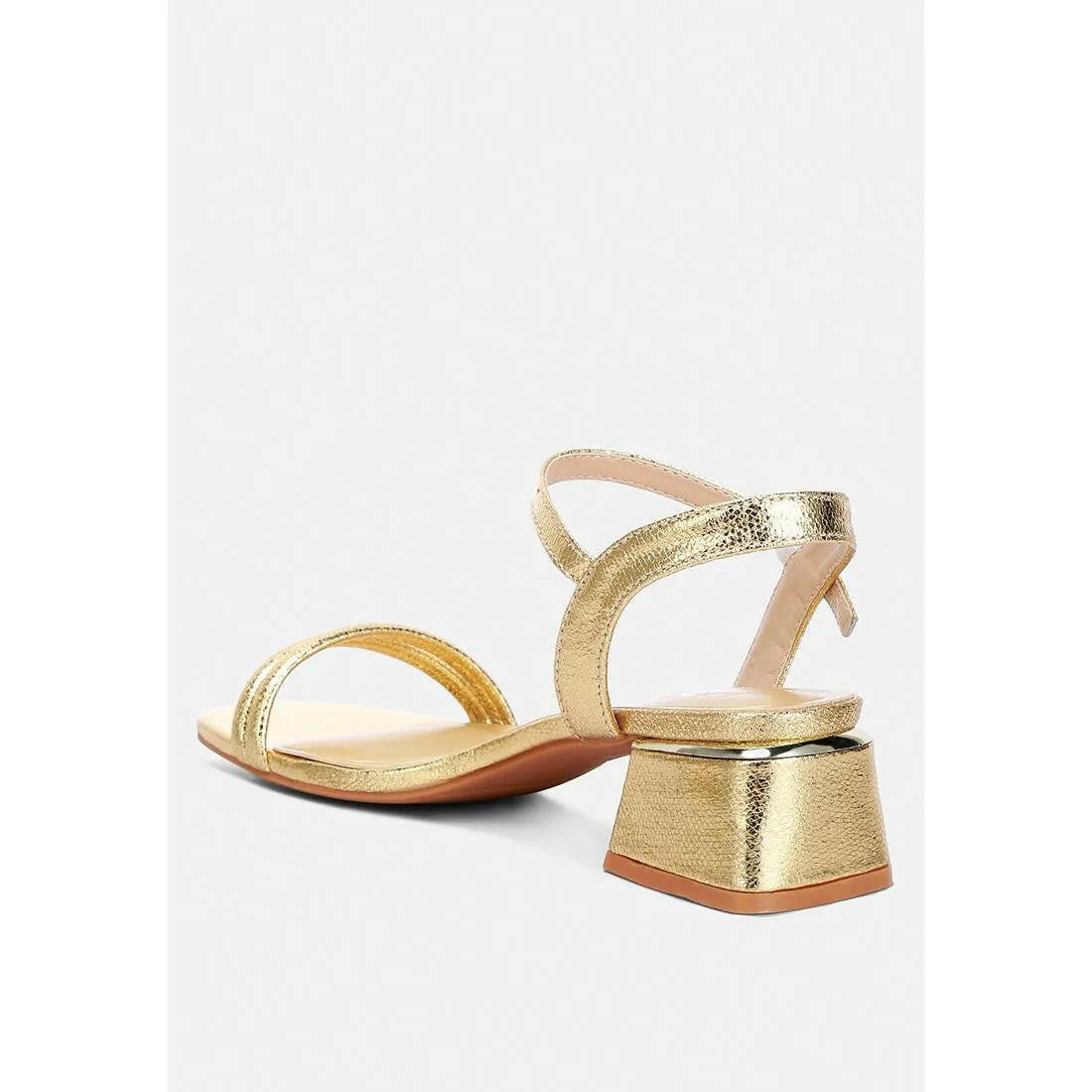 Zabou Metallic Ankle Strap Low Block Heels.