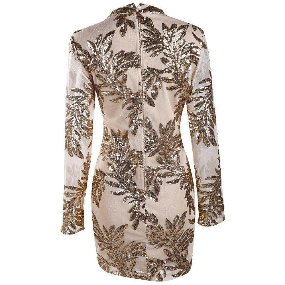 Gold Long Sleeves Mesh Sequin Dress.