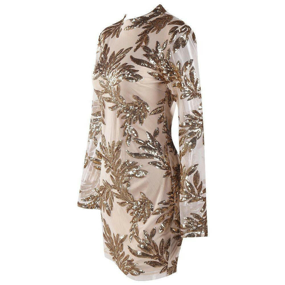 Gold Long Sleeves Mesh Sequin Dress.