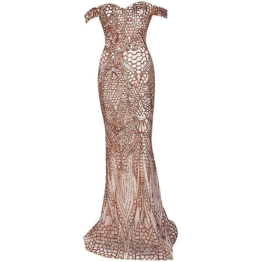 Gold Off Shoulder Evening Gown.