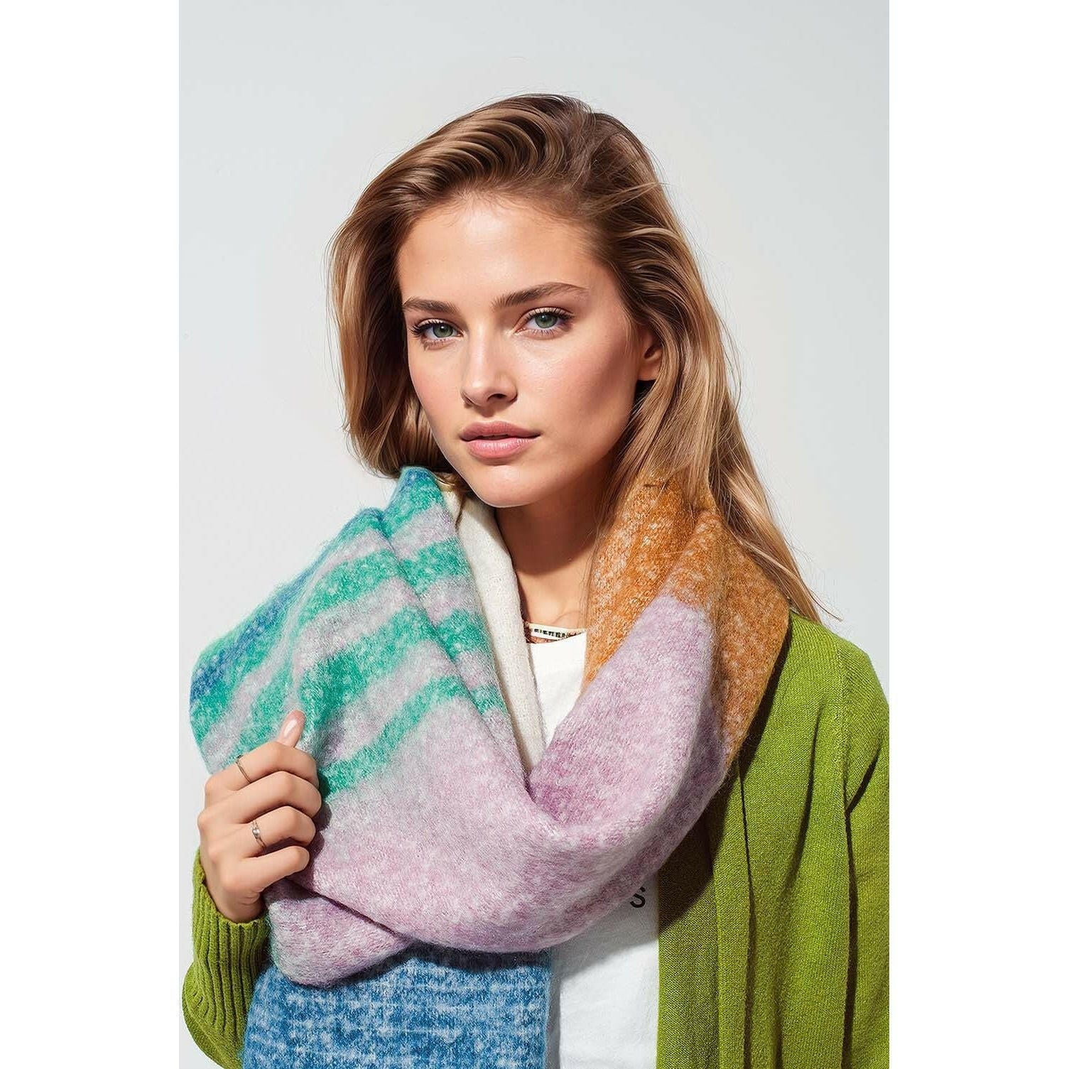 Multi Colored Striped Chunky Knit Scarf.