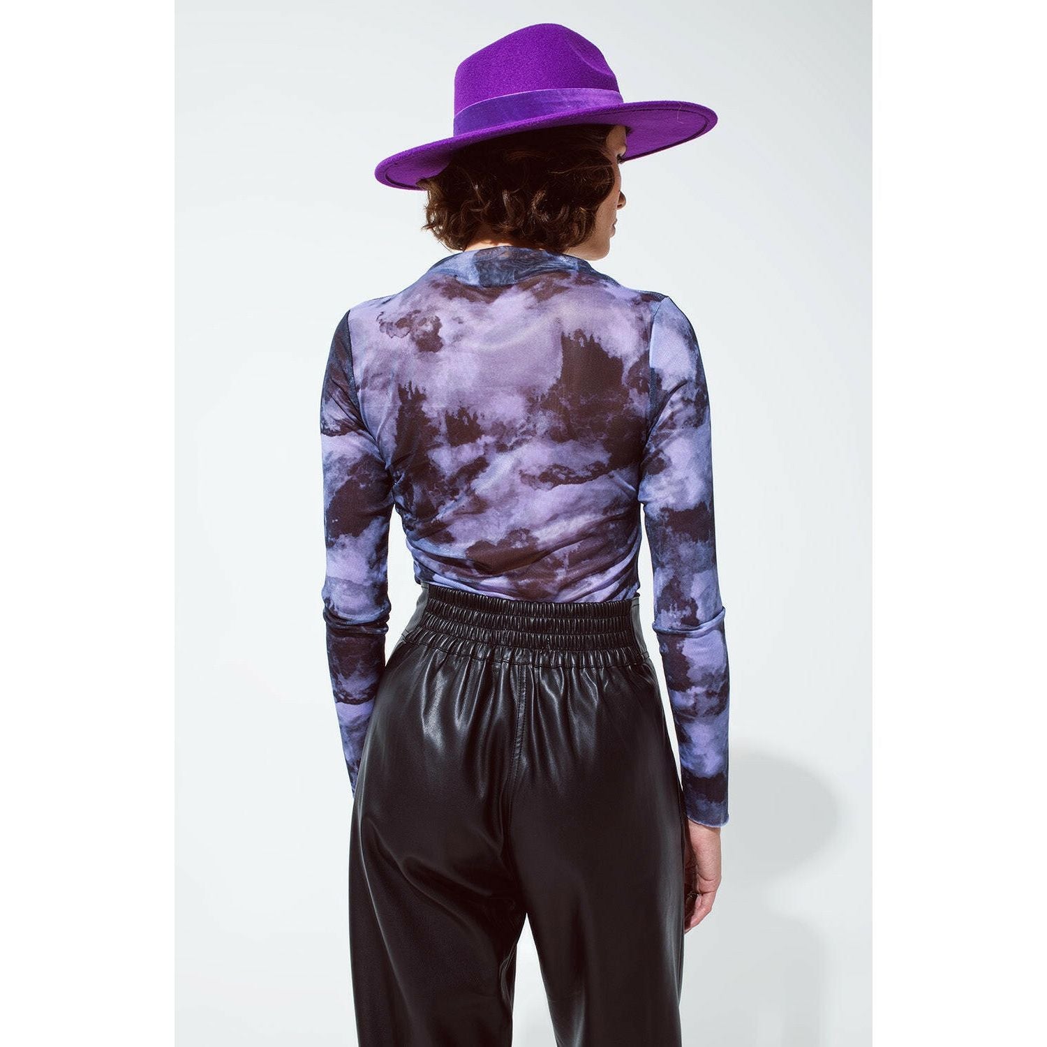 Mesh Top Rouched at the Side in Abstract Purple Print.