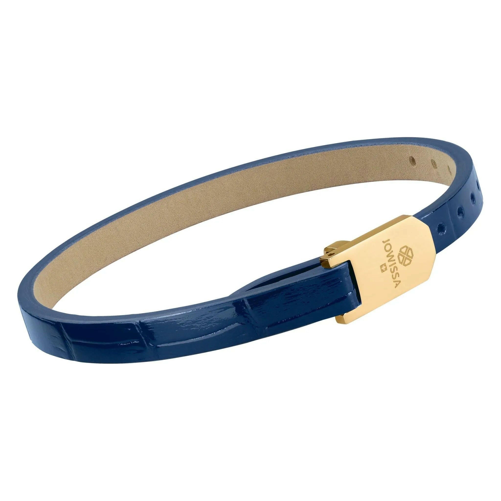 Glossy Blue Croco Leather Strap Gold Logo.