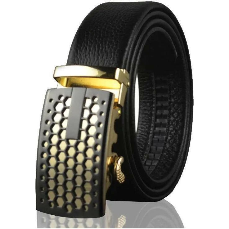 Black Belt Black Gold Buckle with Adjustable Ratchet Slide.