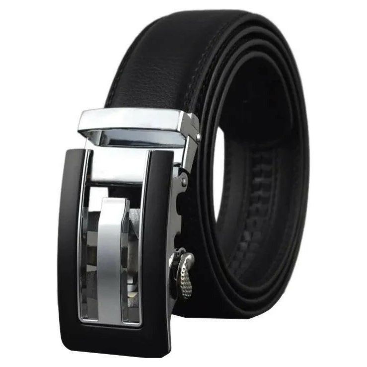 Black Belt Matte Silver Buckle with Adjustable Ratchet Slide.