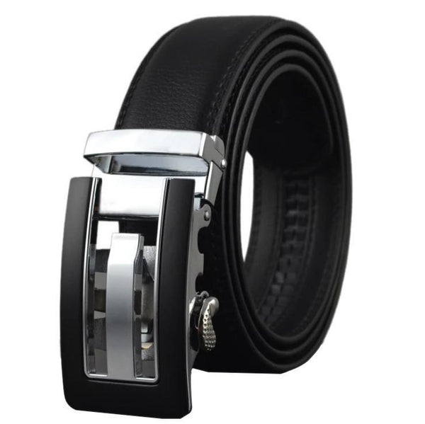 Black Belt Matte Silver Buckle Mens Adjustable Ratchet Slide Buckle.