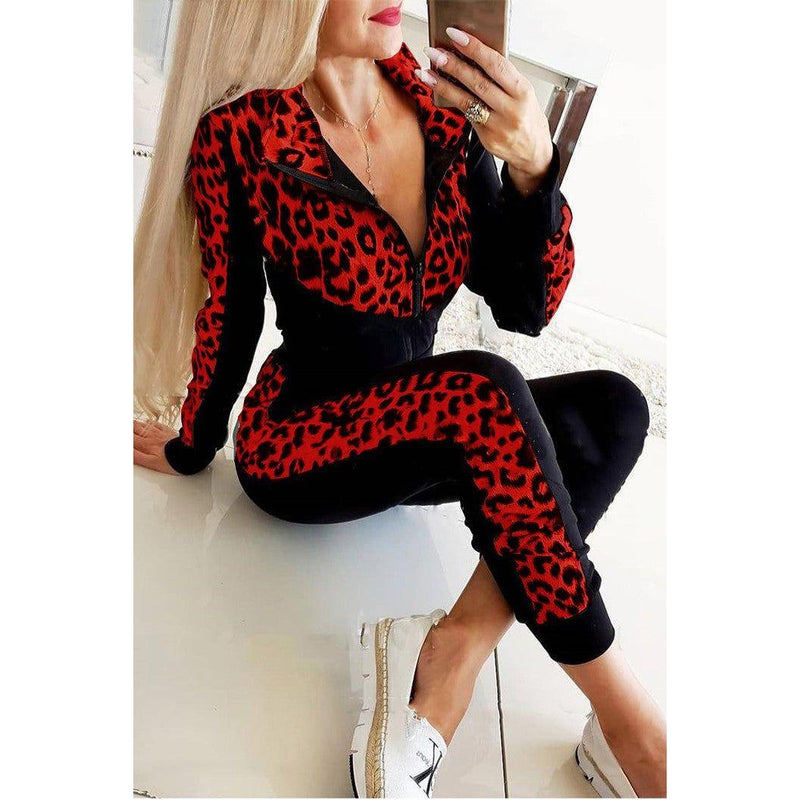 Segovia Leopard Print Tracksuit Set Red.