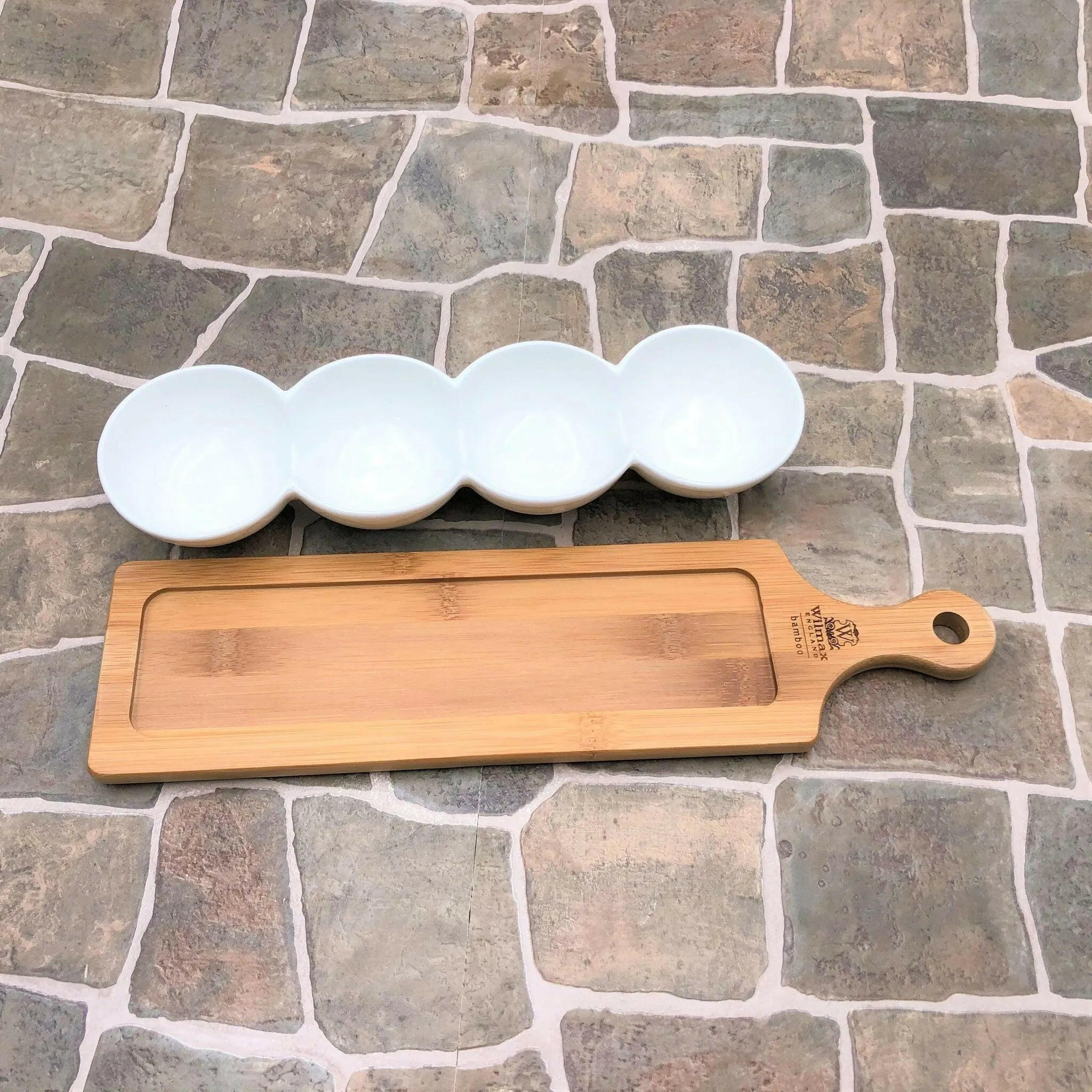 Fine Porcelain Centipede 4 Section Dish With Bamboo Serving Tray.