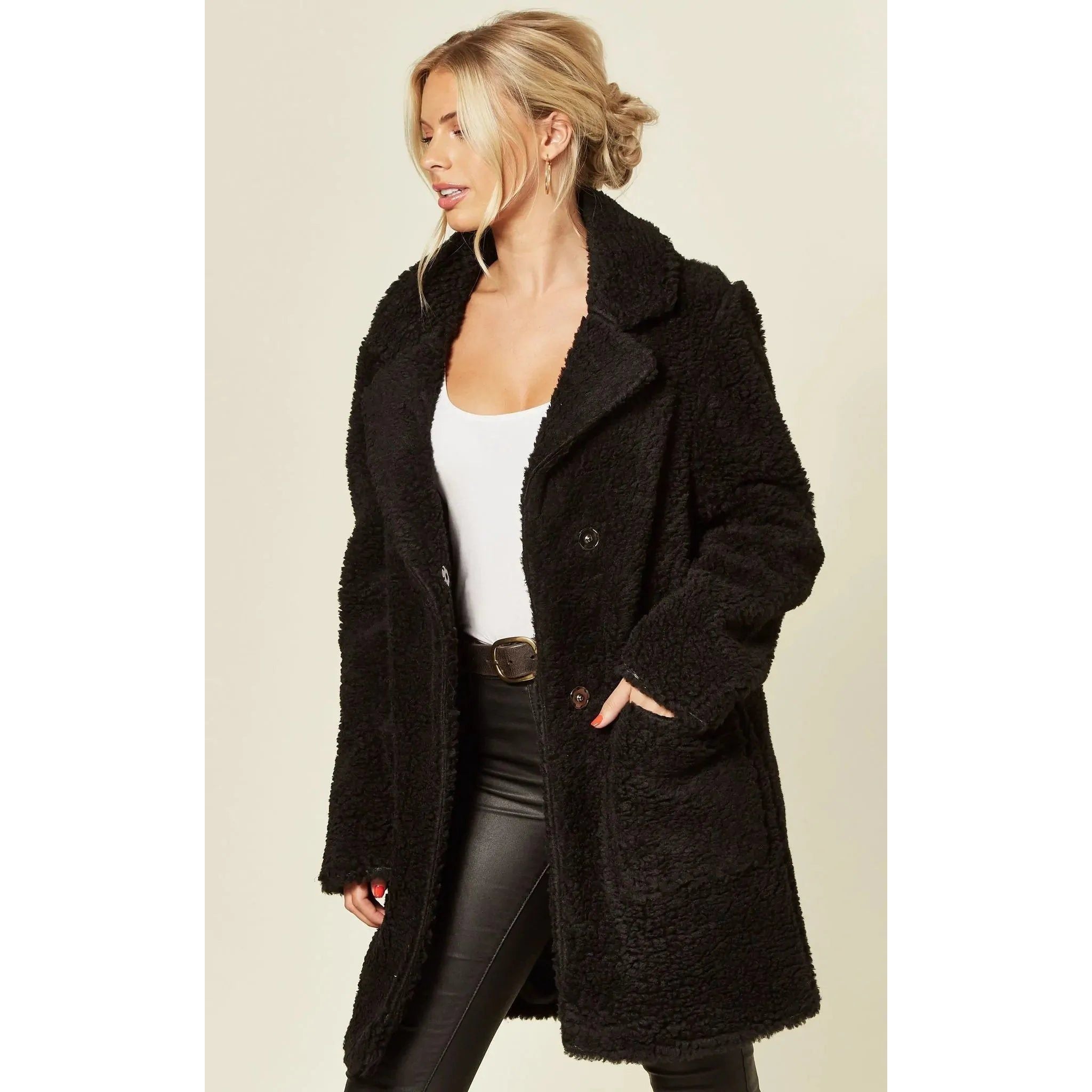 Stud Button Borg Teddy Coat.