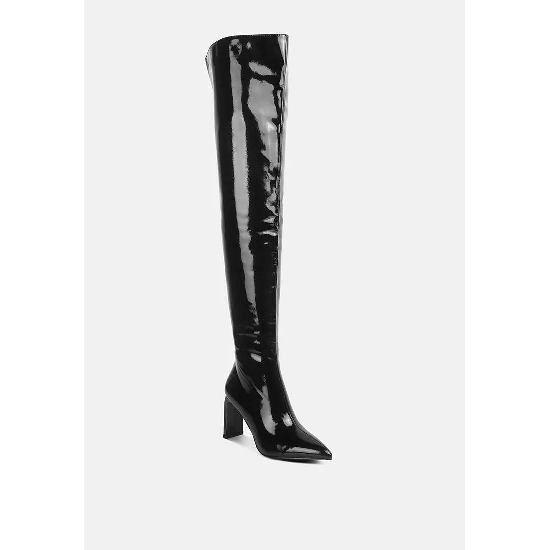 Minkles Patent Pu Long Slim Block Heeled Boots.