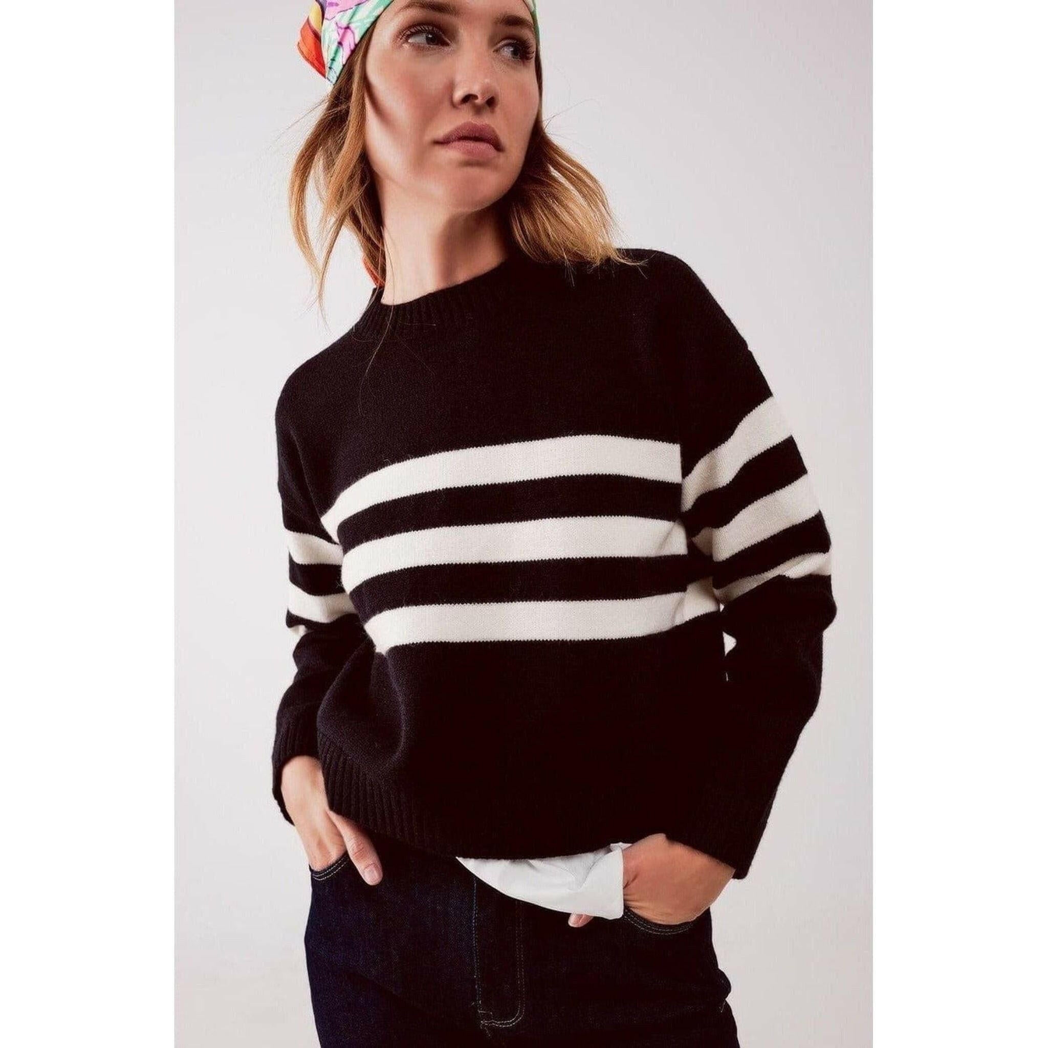 2 in 1 Striped Sweater with Shirt Underlay.