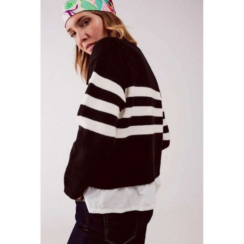 2 in 1 Striped Sweater with Shirt Underlay in Black