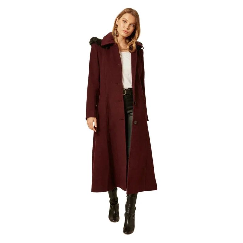 Wool Blend Faux Fur Trim Hooded Long Coat