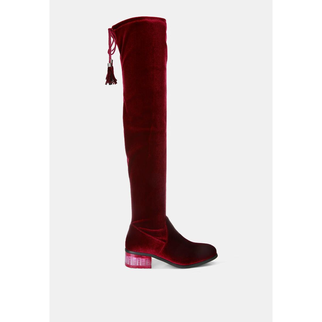 Rumple Velvet Over the Knee Clear Heel Boots.