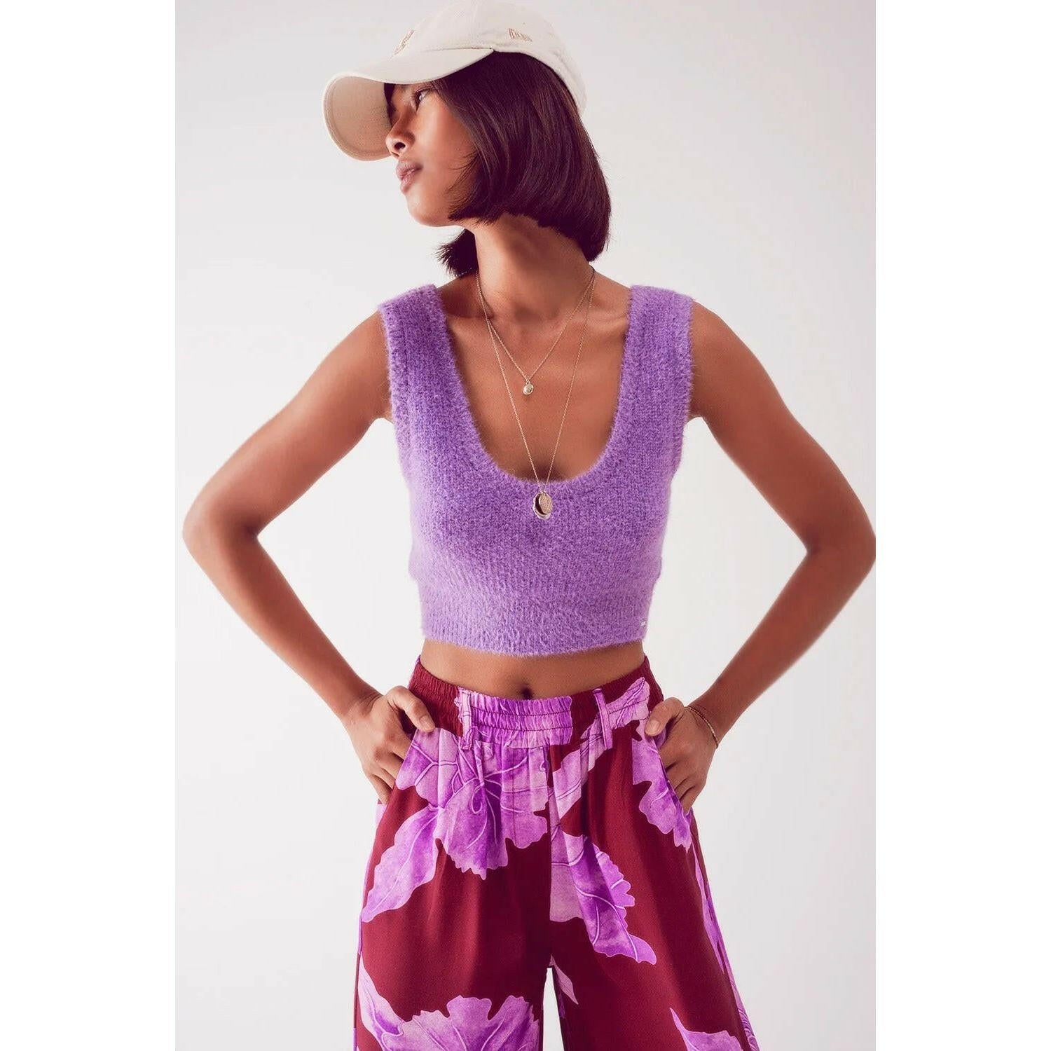 Knitted Crop Top in Purple.