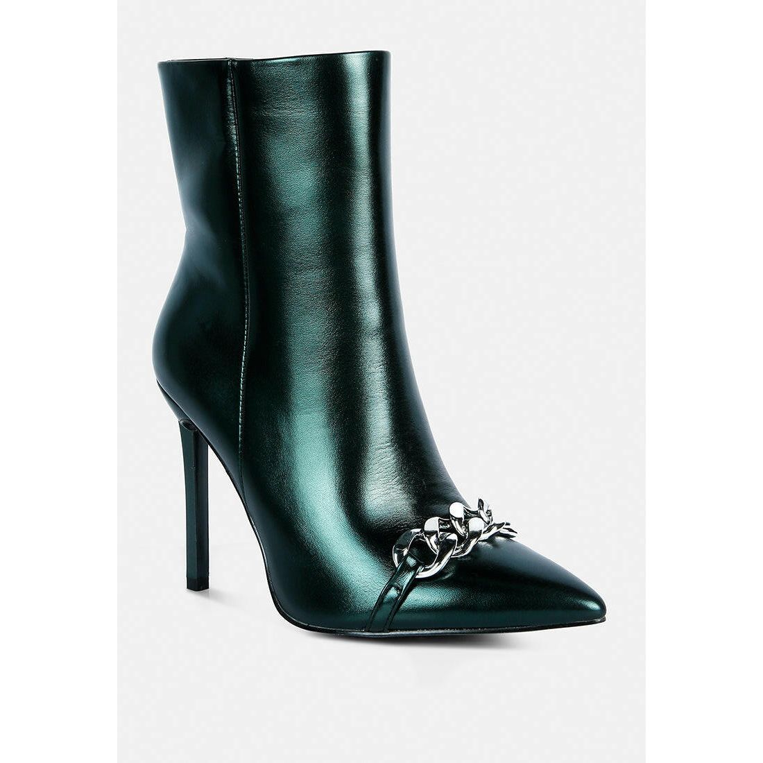 Firefly Metallic Chain Embellished Stiletto Ankle Boots.