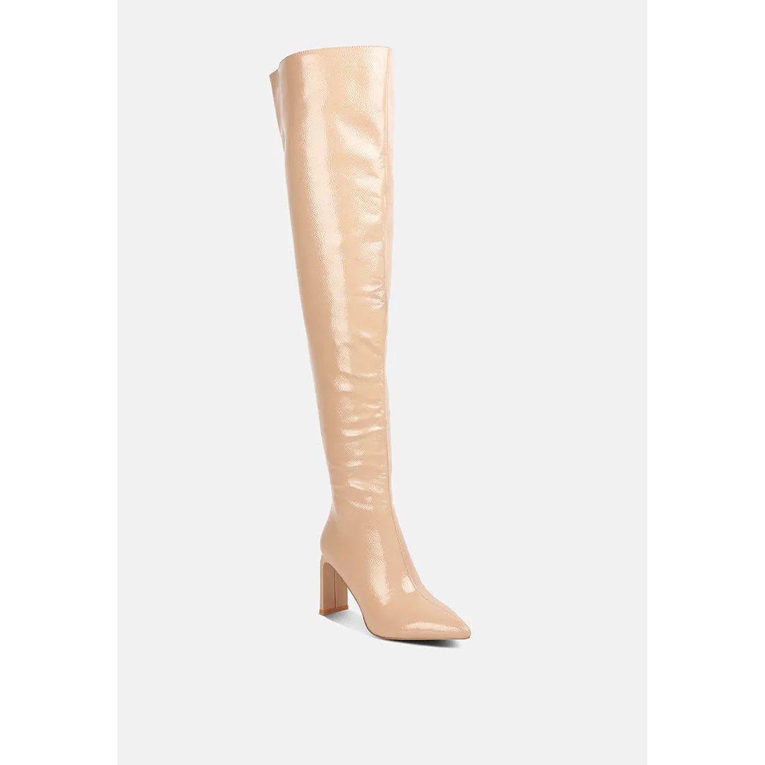 Minkles Patent Pu Long Slim Block Heeled Boots.