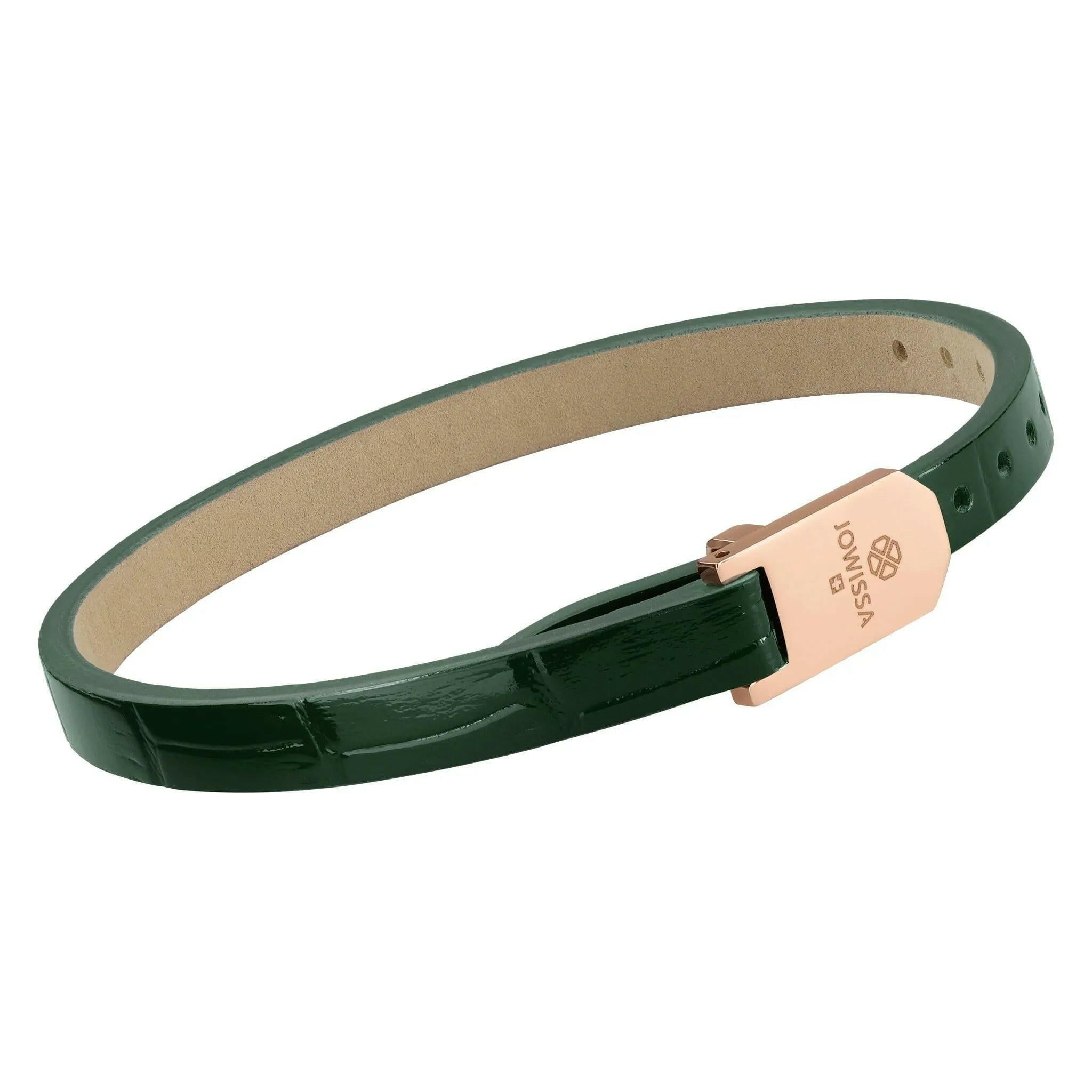 Glossy Dark Green Croco Leather Strap Rose Logo.