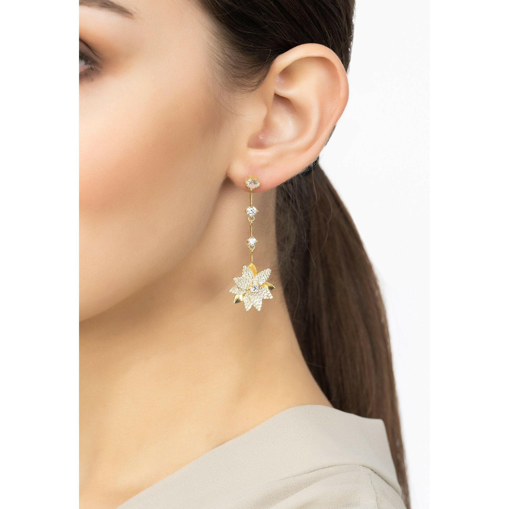 Dahlia Drop Earrings Silver White.