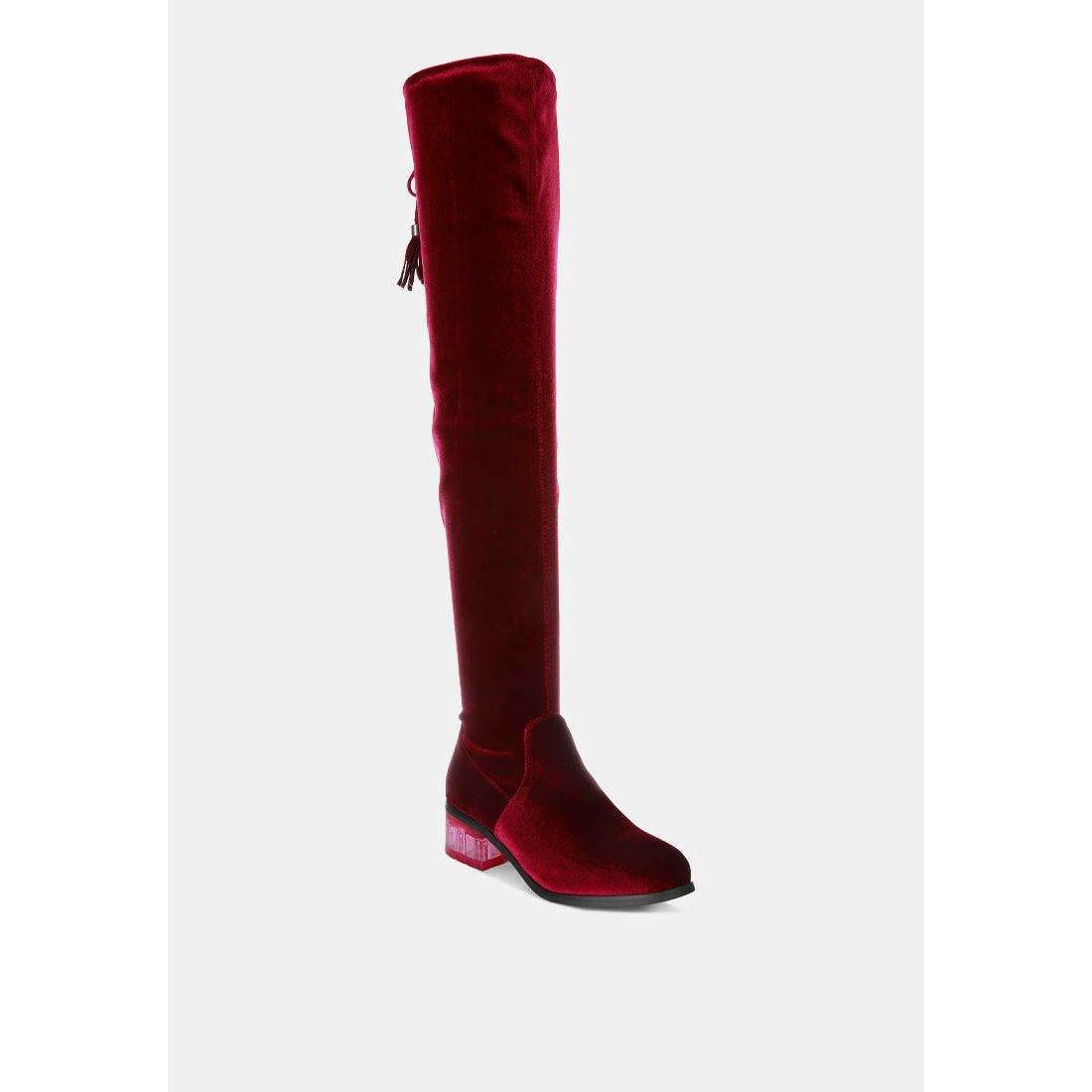 Rumple Velvet Over the Knee Clear Heel Boots.