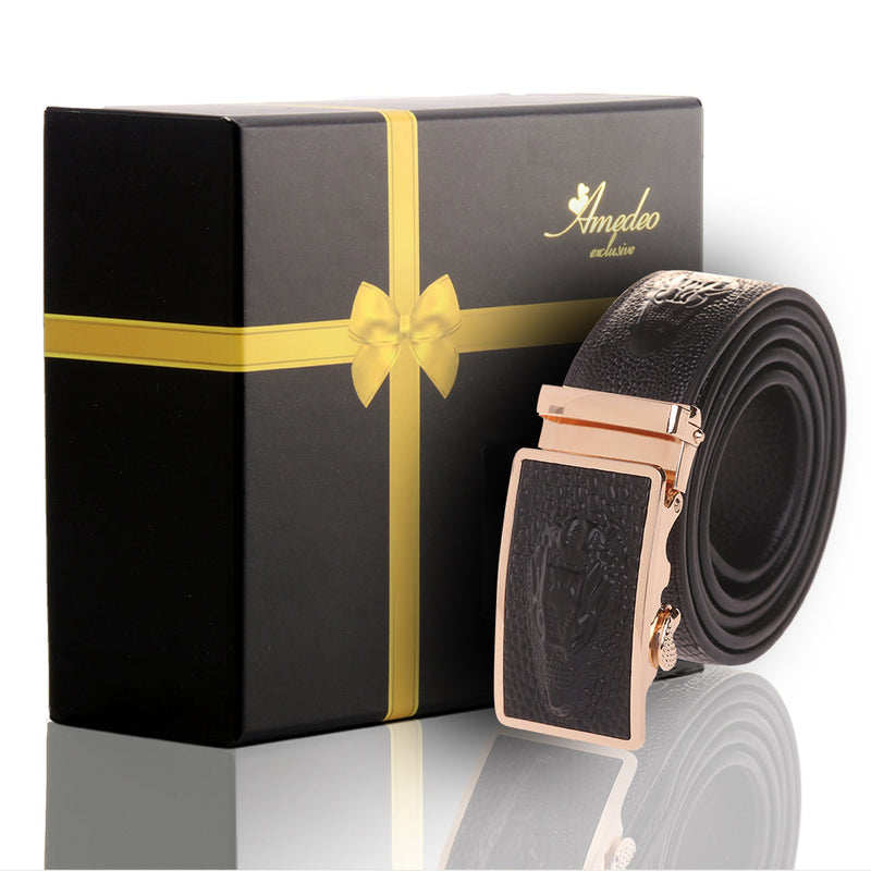 Men's Smart Ratchet No Holes Automatic Buckle Belt in Black & Gold.