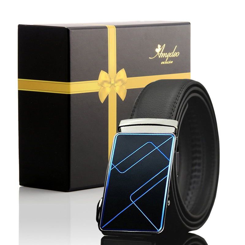 Men's Stainless Steel Black Belt with Blue & Black Buckle.