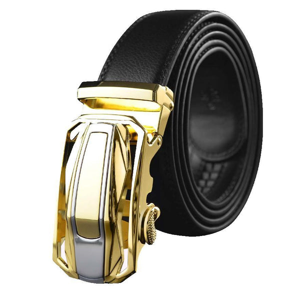 Black Belt Gold Buckle Mens Adjustable Ratchet Slide Buckle Belt -.