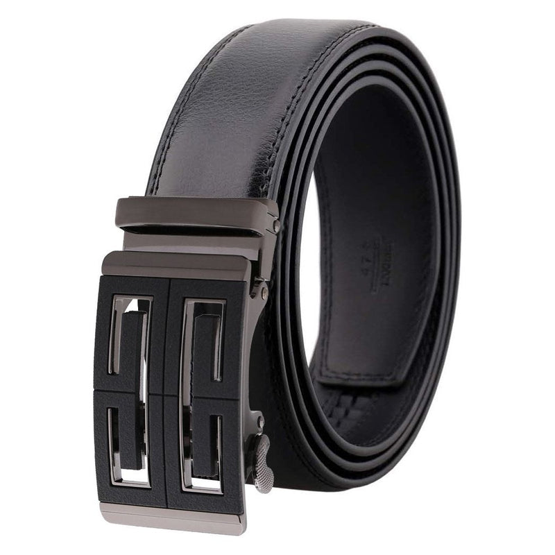 Mens Black Adjustable Ratchet Slide Buckle Belt - Genuine Leather.