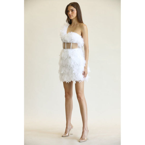 Rea - One-shoulder Feather Trim Detailing Dress.